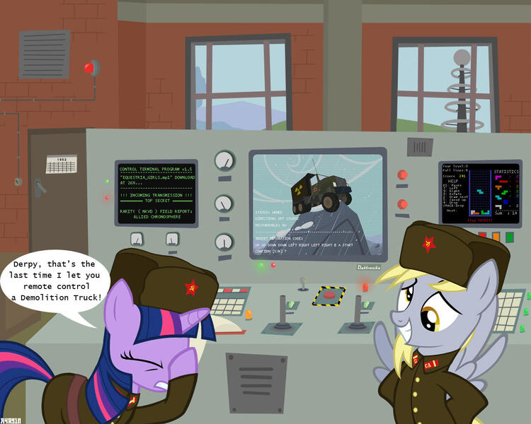 Size: 1280x1024 | Tagged: source needed, useless source url, safe, artist:a4r91n, banned from derpibooru, deleted from derpibooru, derpibooru import, derpy hooves, twilight sparkle, pegasus, unicorn, command and conquer, command and conquer: red alert, duo, facepalm, female, hat, i just don't know what went wrong, konami code, red alert, soviet, soviet union, tetris, truck, ushanka