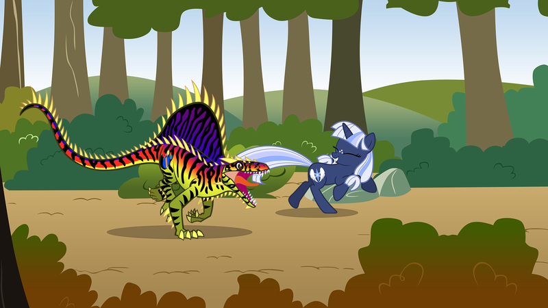 Size: 2000x1125 | Tagged: safe, artist:smcho1014, banned from derpibooru, deleted from derpibooru, derpibooru import, oc, oc:silverlay, oc:wild sketchy, unofficial characters only, dinosaur, pony, unicorn, duo, forest, hybrid dinosaur, ostaposaurus, racing, running