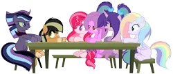 Size: 10176x4416 | Tagged: safe, artist:diamond-chiva, banned from derpibooru, deleted from derpibooru, derpibooru import, oc, oc:lovebug, unofficial characters only, earth pony, pegasus, pony, unicorn, female, mare, simple background, table, transparent background