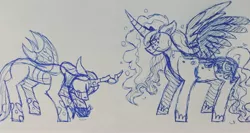 Size: 2924x1561 | Tagged: safe, artist:punkpride, banned from derpibooru, deleted from derpibooru, derpibooru import, princess luna, queen chrysalis, changeling, pony, chrysaluna, female, lesbian, monochrome, shipping, sketch, traditional art