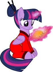 Size: 2572x3446 | Tagged: safe, artist:smcho1014, banned from derpibooru, deleted from derpibooru, derpibooru import, twilight sparkle, twilight sparkle (alicorn), alicorn, pony, alternate hairstyle, book, chinese clothes, clothes, hair up, hairpin, magic, reading, simple background, sitting, solo, telekinesis, transparent background, vector