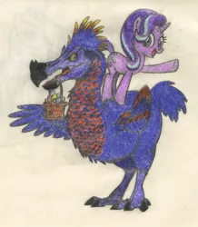 Size: 1145x1313 | Tagged: safe, artist:smcho1014, banned from derpibooru, deleted from derpibooru, derpibooru import, starlight glimmer, bird, pony, unicorn, basket, beak hold, colored pencil drawing, cute, death dodo, dodo, duo, easter, easter basket, easter egg, female, glimmerbetes, happy easter, holiday, looking at you, male, mare, mouth hold, open mouth, smiling, spread wings, traditional art, waving, wing hands, wings