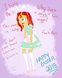 Size: 1297x1636 | Tagged: safe, artist:flight-of-the-moon, banned from derpibooru, deleted from derpibooru, derpibooru import, sunset shimmer, equestria girls, bunny ears, clothes, colored sketch, complaining, cuffs (clothes), dress, female, shoes, socks, solo, speech, stockings, talking, thigh highs, vulgar