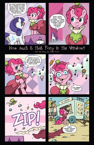 Size: 1040x1600 | Tagged: safe, artist:katiecandraw, artist:katie cook, banned from derpibooru, deleted from derpibooru, derpibooru import, idw, opalescence, pinkie pie, rarity, spoiler:comic, clothes, dress, food, ice cream, idw official comic: issue 1, music, official comic