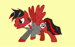 Size: 1024x640 | Tagged: safe, artist:ponymiku, banned from derpibooru, deleted from derpibooru, derpibooru import, edit, oc, oc:toonkriticy2k, pegasus, clothes, communism, cutie mark edit, hammer, hammer and sickle, male, national bolshevism, nationalism, nazi, necktie, politics, red and black oc, shirt, sickle, suit, toongate