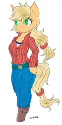 Size: 479x957 | Tagged: safe, artist:divskr, banned from derpibooru, deleted from derpibooru, derpibooru import, applejack, anthro, belt, boots, clothes, female, image, jeans, pants, png, shoes, simple background, white background