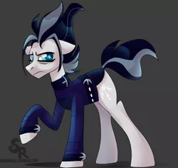 Size: 2286x2160 | Tagged: safe, artist:shibaroll, banned from derpibooru, deleted from derpibooru, derpibooru import, snow hope, earth pony, fake it 'til you make it, clothes, goth, goth pony, gray background, male, raised hoof, simple background, solo