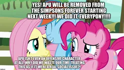 Size: 1280x720 | Tagged: safe, banned from derpibooru, deleted from derpibooru, derpibooru import, applejack, fluttershy, pinkie pie, apu, caption, censorship, image macro, meme, not racist, text, the simpsons