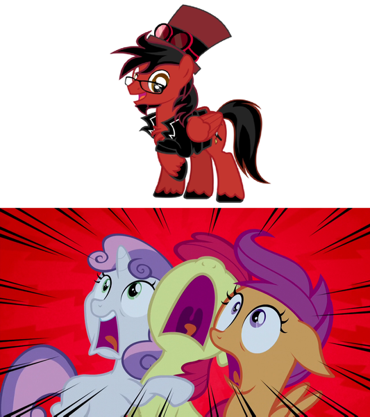 Size: 1280x1440 | Tagged: safe, artist:nightshadowmlp, banned from derpibooru, deleted from derpibooru, derpibooru import, apple bloom, scootaloo, sweetie belle, oc, oc:toonkriticy2k, appleoosa's most wanted, cutie mark crusaders, exploitable meme, goggles, hat, meme, screaming, steampunk, what are the crusaders screaming at