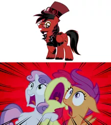Size: 1280x1440 | Tagged: safe, artist:nightshadowmlp, banned from derpibooru, deleted from derpibooru, derpibooru import, apple bloom, scootaloo, sweetie belle, oc, oc:toonkriticy2k, appleoosa's most wanted, cutie mark crusaders, exploitable meme, goggles, hat, meme, screaming, steampunk, what are the crusaders screaming at