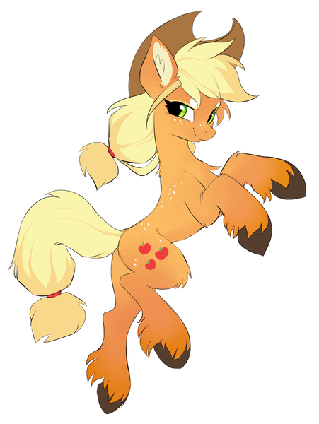 Size: 1105x1470 | Tagged: safe, artist:hioshiru, banned from derpibooru, color edit, deleted from derpibooru, derpibooru import, edit, applejack, earth pony, pony, alternate design, chest fluff, colored, colored hooves, cowboy hat, ear fluff, female, freckles, hairband, hat, leg fluff, looking at you, mare, rearing, simple background, solo, tail band, unshorn fetlocks, white background