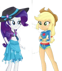 Size: 832x960 | Tagged: safe, artist:liniitadash23, banned from derpibooru, deleted from derpibooru, derpibooru import, editor:superbobiann, applejack, rarity, equestria girls, equestria girls series, clothes, simple background, swimsuit, transparent background