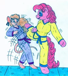 Size: 758x846 | Tagged: safe, banned from derpibooru, deleted from derpibooru, derpibooru import, pinkie pie, anthro, crossover, gadget hackwrench, karate, rescue rangers