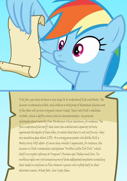 Size: 1140x1616 | Tagged: safe, banned from derpibooru, deleted from derpibooru, derpibooru import, rainbow dash, grannies gone wild, exploitable meme, meme, rainbow dash reading a scroll, rick and morty, wing hands, wings