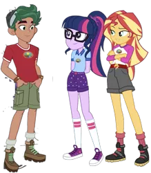 Size: 961x1098 | Tagged: safe, artist:limedazzle, banned from derpibooru, deleted from derpibooru, derpibooru import, editor:superbobiann, sci-twi, sunset shimmer, timber spruce, twilight sparkle, equestria girls, legend of everfree, alternate universe, camp everfree outfits, clothes, converse, shoes, simple background, transparent background