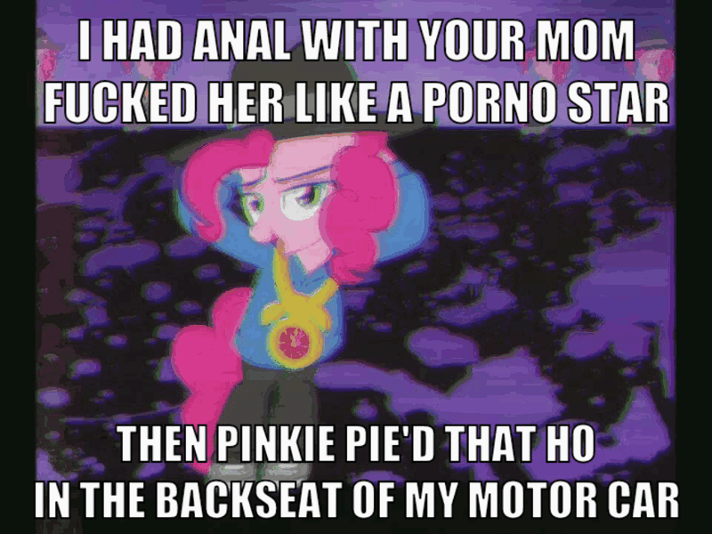 Size: 960x720 | Tagged: questionable, banned from derpibooru, deleted from derpibooru, derpibooru import, pinkie pie, animated, caption, image macro, implied anal, implied futa, implied sex, meme, moonman, rapper pie, text, vulgar, your mom
