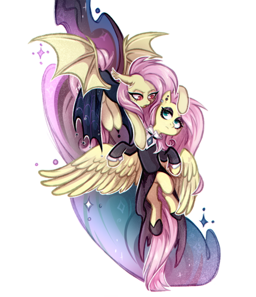 Size: 813x943 | Tagged: safe, artist:jumblehorse, banned from derpibooru, deleted from derpibooru, derpibooru import, fluttershy, bat pony, pegasus, pony, vampire, fake it 'til you make it, bat ponified, clothes, dress, duo, ear piercing, earring, eyeshadow, female, flutterbat, fluttergoth, imminent bite, jewelry, makeup, mare, piercing, race swap, self ponidox