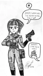 Size: 2518x4428 | Tagged: safe, artist:atisuto17, banned from derpibooru, deleted from derpibooru, derpibooru import, sugarcoat, sunny flare, equestria girls, 10mm pistol, absurd resolution, clothes, crossover, fallout, fallout: new vegas, female, monochrome, pipboy, sunny flare's wrist devices, traditional art, vault suit