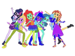 Size: 2048x1536 | Tagged: safe, banned from derpibooru, deleted from derpibooru, derpibooru import, editor:superbobiann, sci-twi, sunset shimmer, twilight sparkle, equestria girls, equestria girls series, alternate mane six, donut steel, looking at you, recolor, simple background, transparent background