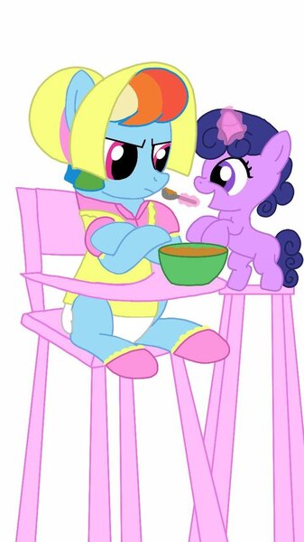 Size: 600x1067 | Tagged: suggestive, artist:kittythenerd, banned from derpibooru, deleted from derpibooru, derpibooru import, rainbow dash, oc, oc:twinkle star, adult foal, baby food, bonnet, booties, bowl, clothes, crossed arms, diaper, diaper fetish, dress, feeding, fetish, force feeding, highchair, rainbow dash always dresses in style, spoon, stool