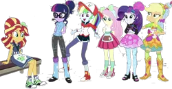 Size: 1948x1015 | Tagged: safe, banned from derpibooru, deleted from derpibooru, derpibooru import, editor:superbobiann, applejack, fluttershy, rainbow dash, rarity, sci-twi, sunset shimmer, twilight sparkle, eqg summertime shorts, equestria girls, good vibes, clothes, converse, shoes, simple background, transparent background, zettai ryouiki