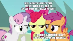 Size: 888x499 | Tagged: safe, banned from derpibooru, deleted from derpibooru, derpibooru import, edit, edited screencap, screencap, apple bloom, scootaloo, sweetie belle, earth pony, pegasus, pony, unicorn, surf and/or turf, apple bloom is not amused, argument, caption, cutie mark crusaders, discovery family logo, female, filly, grammar error, image macro, meme, text, trio, unamused