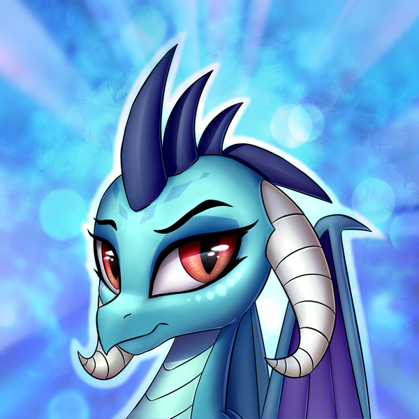 Size: 3000x3000 | Tagged: safe, artist:conniethecasanova, artist:setharu, banned from derpibooru, deleted from derpibooru, derpibooru import, edit, princess ember, dragon, bust, curved horn, dragoness, dragon lord ember, female, horn, horns, looking at you, solo, spikes, wings