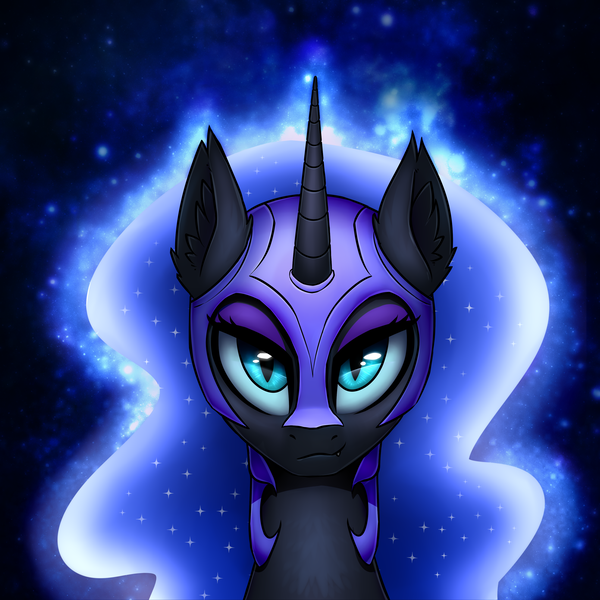 Size: 3000x3000 | Tagged: safe, artist:conniethecasanova, artist:setharu, banned from derpibooru, deleted from derpibooru, derpibooru import, edit, nightmare moon, alicorn, pony, bust, ear fluff, eyeshadow, fangs, female, helmet, looking at you, makeup, mare, solo