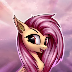 Size: 3000x3000 | Tagged: safe, artist:conniethecasanova, artist:setharu, banned from derpibooru, deleted from derpibooru, derpibooru import, edit, fluttershy, bat pony, pegasus, pony, bat ponified, chest fluff, fangs, female, flutterbat, folded wings, high res, mare, race swap, solo, wings