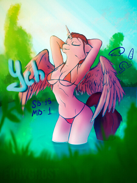 Size: 1500x2000 | Tagged: suggestive, artist:foxyghost, banned from derpibooru, deleted from derpibooru, derpibooru import, oc, anthro, absolute cleavage, armpits, auction, belly button, bikini, breasts, cleavage, clothes, commission, cutie mark, female, females only, horn, midriff, pond, sketch, solo, summer, sunshine, swimming, swimsuit, warm, water, wet, wings, ych example, your character here