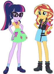 Size: 1003x1353 | Tagged: safe, banned from derpibooru, deleted from derpibooru, derpibooru import, editor:superbobiann, sci-twi, sunset shimmer, twilight sparkle, equestria girls, equestria girls series, 1000 hours in ms paint, boots, bowtie, clothes, cute, female, geode of empathy, geode of telekinesis, glasses, hand on hip, high heel boots, jacket, lesbian, looking at you, magical geodes, ponytail, shimmerbetes, shipping, shoes, simple background, skirt, socks, sunsetsparkle, transparent background, twiabetes