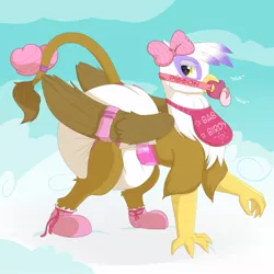 Size: 1280x1280 | Tagged: suggestive, alternate version, artist:bunnykisses, banned from derpibooru, deleted from derpibooru, derpibooru import, gilda, gryphon, ageplay, bib, blushing, booties, bound wings, bow, diaper, diaper fetish, fetish, pacifier, pacifier gag, poofy diaper, solo, tail bow, wet diaper, wings