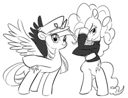 Size: 865x663 | Tagged: safe, artist:meronabar, banned from derpibooru, deleted from derpibooru, derpibooru import, pinkie pie, twilight sparkle, twilight sparkle (alicorn), alicorn, earth pony, pony, cherry, duo, female, food, grayscale, hat, jojo's bizarre adventure, looking at you, mare, monochrome, parody, rerorero, simple background, tongue out, white background