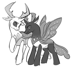 Size: 599x574 | Tagged: safe, artist:meronabar, banned from derpibooru, deleted from derpibooru, derpibooru import, pharynx, thorax, changedling, changeling, brotherhood, brotherly love, brothers, changedling brothers, grayscale, king thorax, male, monochrome, prince pharynx, siblings, simple background, white background