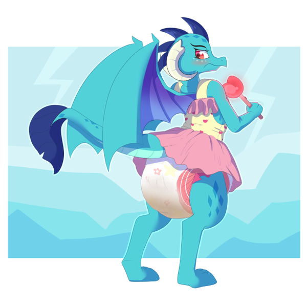 Size: 657x657 | Tagged: questionable, artist:bunnykisses edit, banned from derpibooru, deleted from derpibooru, derpibooru import, edit, editor:hodgepodgedl, princess ember, dragon, abdl, blushing, clothes, cute, diaper, diaper fetish, emberbetes, female, fetish, messy diaper, pink, poofy diaper, poop, poopy diaper, scat, skirt, solo, toy, wand
