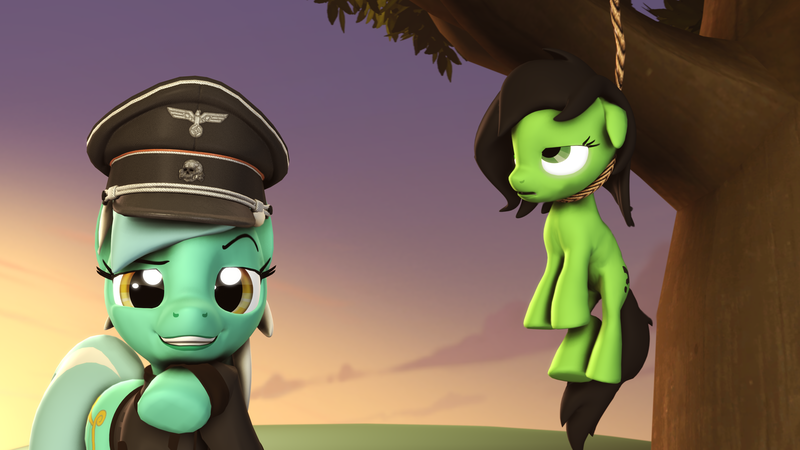 Size: 3840x2160 | Tagged: grimdark, artist:xppp1n, banned from derpibooru, deleted from derpibooru, derpibooru import, lyra heartstrings, oc, oc:anonfilly, earth pony, pony, 3d, asphyxiation, clothes, death, female, filly, hanging, hanging (by neck), mare, nazi, nazi uniform, noose, source filmmaker, uniform