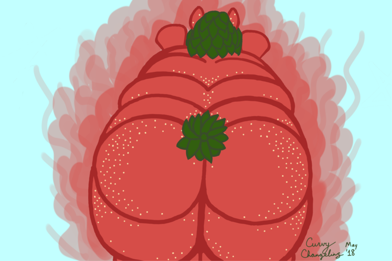 Size: 2736x1824 | Tagged: suggestive, artist:curvychangeling, banned from derpibooru, deleted from derpibooru, derpibooru import, oc, oc:strawberry daiquiri, ponified, unofficial characters only, fruit pony, object pony, original species, against wall, butt, fat, fat fetish, female, fetish, food, fruit, huge butt, large butt, rolls of fat, short mane, short tail, solo, solo female, thighs