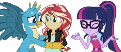 Size: 1327x576 | Tagged: safe, artist:superbobiann, banned from derpibooru, deleted from derpibooru, derpibooru import, editor:superbobiann, gallus, sci-twi, sunset shimmer, twilight sparkle, gryphon, equestria girls, family, female, lesbian, love, mother, scitwishimmer, shipping, simple background, sunsetsparkle, transparent background