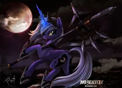 Size: 1024x745 | Tagged: safe, artist:ponykillerx, banned from derpibooru, deleted from derpibooru, derpibooru import, princess luna, alicorn, pony, blood moon, female, magic, mare, moon, night, solo, stars, weapon