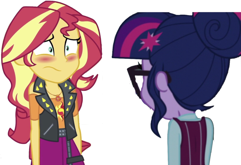Size: 1807x1239 | Tagged: safe, artist:superbobiann, banned from derpibooru, deleted from derpibooru, derpibooru import, editor:superbobiann, sci-twi, sunset shimmer, twilight sparkle, equestria girls, equestria girls series, friendship games, alternate universe, blushing, clothes, crystal prep academy uniform, geode of empathy, hair bun, jacket, leather jacket, looking at each other, magical geodes, rear view, school uniform, simple background, transparent background