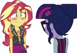 Size: 1807x1239 | Tagged: safe, artist:superbobiann, banned from derpibooru, deleted from derpibooru, derpibooru import, editor:superbobiann, sci-twi, sunset shimmer, twilight sparkle, equestria girls, equestria girls series, friendship games, alternate universe, blushing, clothes, crystal prep academy uniform, geode of empathy, hair bun, jacket, leather jacket, looking at each other, magical geodes, rear view, school uniform, simple background, transparent background