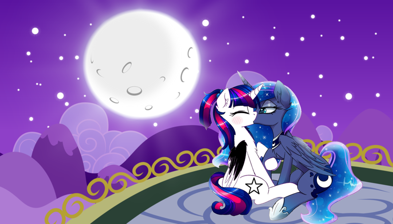 Size: 3200x1827 | Tagged: source needed, safe, artist:zephyr exe, banned from derpibooru, deleted from derpibooru, derpibooru import, princess luna, oc, oc:infinity wish, alicorn, balcony, base used, blushing, eyes closed, female, first kiss, kissing, lesbian, mare, moon, night, simple background, stars