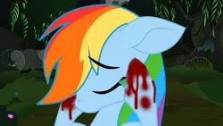 Size: 1024x576 | Tagged: grimdark, artist:galacticflashd, banned from derpibooru, deleted from derpibooru, derpibooru import, rainbow dash, blood, female, head in hooves, implied murder, insanity, solo