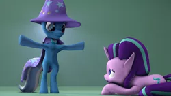 Size: 3840x2160 | Tagged: safe, artist:xppp1n, banned from derpibooru, deleted from derpibooru, derpibooru import, starlight glimmer, trixie, pony, unicorn, 3d, asserting dominance, bipedal, cape, clothes, eye contact, female, frown, glow, gradient background, gray background, hat, lidded eyes, looking at each other, mare, meme, open mouth, prone, sad, scared, simple background, smiling, source filmmaker, t pose, trixie's cape, trixie's hat, wat