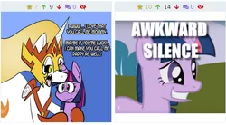 Size: 507x280 | Tagged: suggestive, artist:pembroke, banned from derpibooru, deleted from derpibooru, derpibooru import, edit, edited screencap, screencap, daybreaker, princess celestia, twilight sparkle, pony, unicorn, derpibooru, friendship is magic, awkward, caption, gradient background, image macro, implied futa, juxtaposition, meme, meta, nervous, reaction image, scalebreaker, speech, talking, text, thiklestia