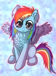 Size: 805x1077 | Tagged: safe, artist:victoriathething, banned from derpibooru, deleted from derpibooru, derpibooru import, rainbow dash, pegasus, abstract background, chest fluff, cute, dashabetes, female, filly, smiling, spread wings, wings, younger