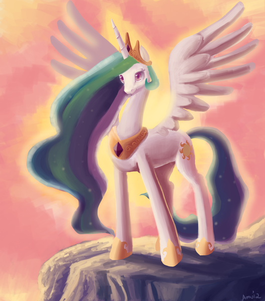 Size: 1280x1451 | Tagged: dead source, safe, artist:amnestie, banned from derpibooru, deleted from derpibooru, derpibooru import, princess celestia, alicorn, pony, cliff, female, mare, solo, spread wings, wings