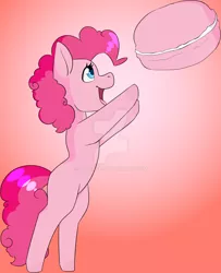 Size: 1024x1260 | Tagged: safe, artist:yinsenshi, banned from derpibooru, deleted from derpibooru, derpibooru import, pinkie pie, earth pony, pony, abstract background, bipedal, female, food, macaron, mare, missing accessory, open mouth, solo, watermark