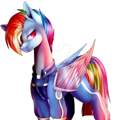 Size: 1024x1018 | Tagged: safe, artist:yinsenshi, banned from derpibooru, deleted from derpibooru, derpibooru import, rainbow dash, pegasus, pony, alternate timeline, amputee, apocalypse dash, armor, artificial wings, augmented, clothes, crystal war timeline, eye scar, female, hair over one eye, mare, mechanical wing, scar, simple background, solo, torn ear, transparent background, uniform, watermark, wings