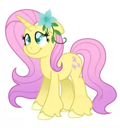 Size: 540x575 | Tagged: safe, artist:stephanoodle, banned from derpibooru, deleted from derpibooru, derpibooru import, fluttershy, pony, unicorn, leak, spoiler:g5, alternate hairstyle, cutie mark, female, floppy ears, flower, flower in hair, fluttershy (g5), g5, mare, simple background, smiling, solo, unicorn fluttershy, unshorn fetlocks, white background